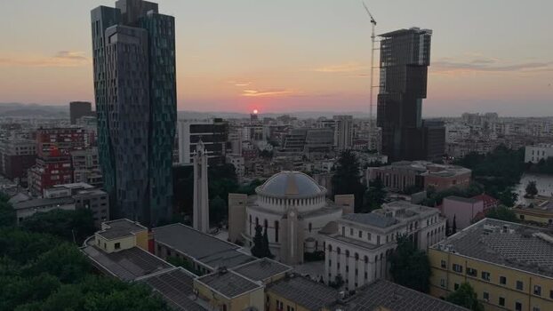 Aerial view of Resurrection of Christ Cathedral at sunset Albania.