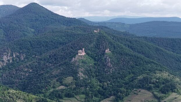 Aerial view of the three castles of Ribeauville France. Aerial view of the three castles of Ribeauville France.
