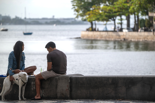 Rio de Janeiro Brazil 14 June 2026 View of a couple sitting on the Mureta da Urca stone wall with their white dog overlooking Guanabara Bay.