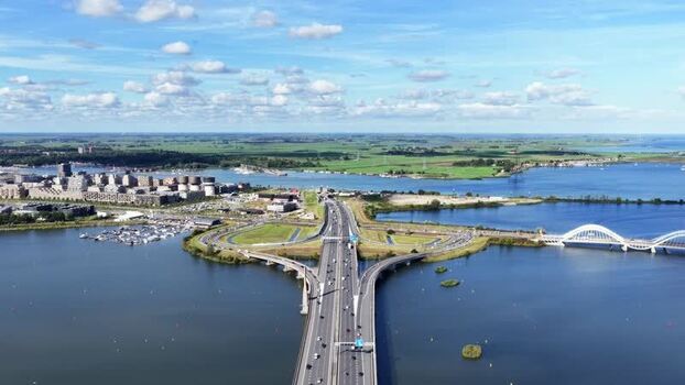 Aerial view of S114 A10 highway bridge in Amsterdam Netherlands.