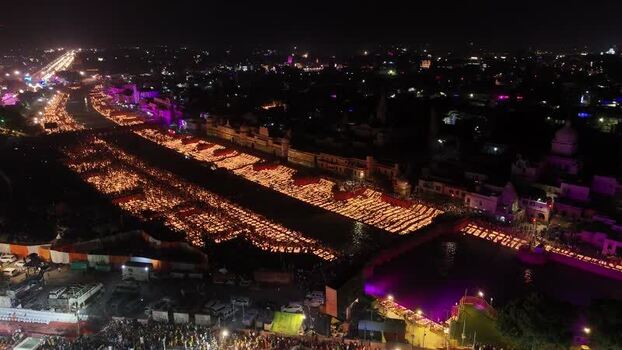 Aerial view of Deepotsav festival with lamps in Ayodhya India.