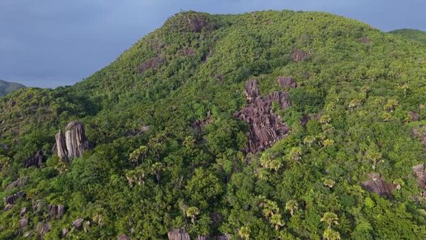Aerial view of lush green hills and granite rocks on Praslin Seychelles.
