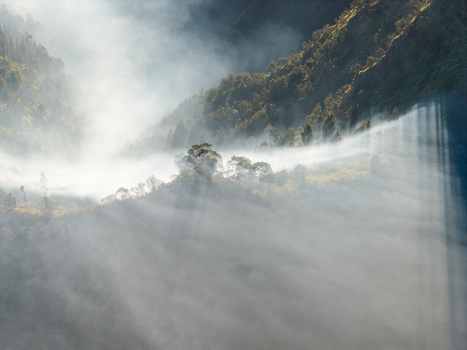 Aerial view of misty mountain slopes near Sukapura featuring dramatic sunbeams piercing through morning fog lush green trees and rugged terrain in Sukapura East Java Indonesia. Aerial view of misty mountain slopes near Sukapura featuring dramatic sunbeams piercing through morning fog lush green trees and rugged terrain in Sukapura East Java Indonesia.
