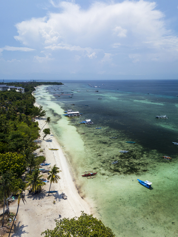 Aerial view of Doljo beach featuring turquoise waters traditional outrigger boats palm trees along the sandy coastline and blue sky in Panglao Central Visayas Philippines.