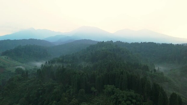 Aerial view of misty mountains and lush forests in Indonesia. Aerial view of misty mountains and lush forests in Indonesia.
