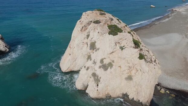 Aerial view of Petra tou Romiou rock formation in Cyprus.