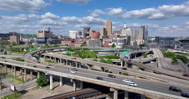 Aerial view of highway interchange and skyline United States. Aerial view of highway interchange and skyline United States.