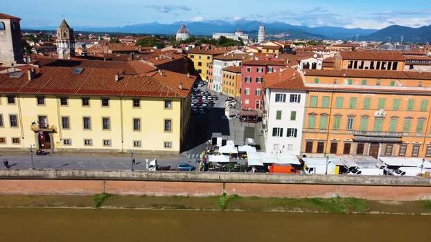 Aerial view of Pisa along the Arno river Italy.