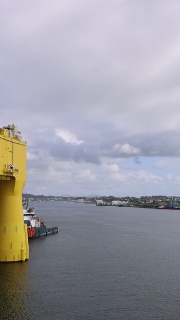Aerial view of an industrial port and yellow structure Norway.