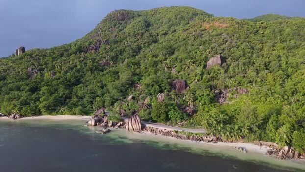 Aerial view of Praslin coastline Seychelles.