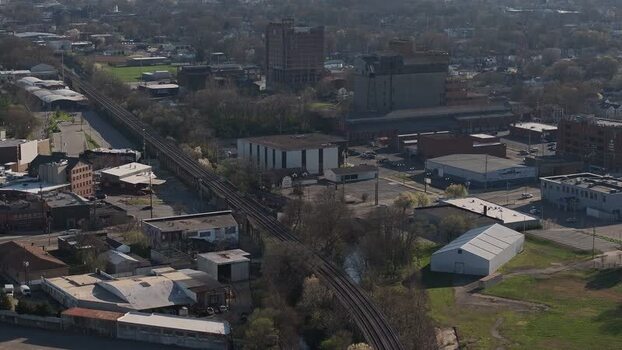 Aerial view of urban railway tracks and buildings in United States. Aerial view of urban railway tracks and buildings in United States.