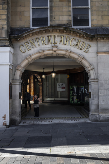 Newcastle upon Tyne United Kingdom 13 July 2026 View of the historic Central Arcade entrance with its ornate stone archway tiled floor and hanging lanterns. Newcastle upon Tyne United Kingdom 13 July 2026 View of the historic Central Arcade entrance with its ornate stone archway tiled floor and hanging lanterns.