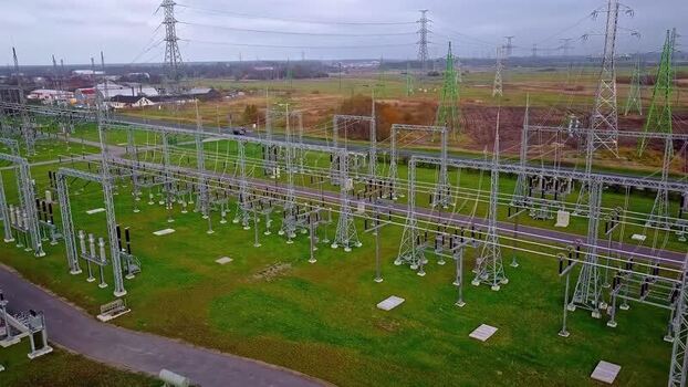 Aerial view of an electrical substation in Latvia.