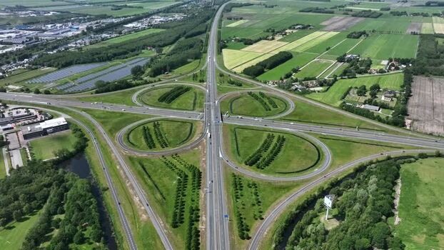 Aerial view of the cloverleaf highway interchange Netherlands.