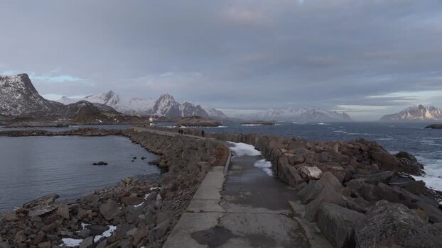 Aerial view of stone breakwater in Lofoten Norway.