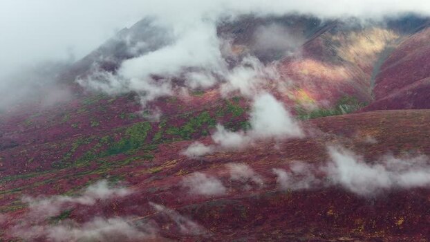 Aerial view of Denali Highway mountains in United States.