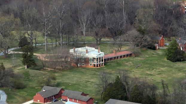 Aerial view of the historic Poplar Forest estate the octagonal retreat home of Thomas Jefferson surrounded by expansive lawns and mature trees in Lynchburg Virginia United States.
