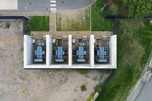 Aerial view of industrial power units at a data center facility in the United Kingdom.