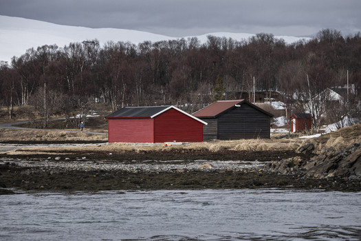 View of traditional red and black wooden cabins along the rocky shoreline with snow capped mountains and bare trees in Tromso Troms Norway.