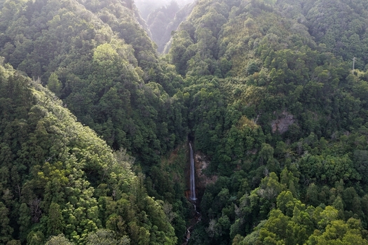 Aerial view of Cascata da Ribeira Quente waterfall nestled within a lush green forest and steep valley Ribeira Quente Azores Portugal. Aerial view of Cascata da Ribeira Quente waterfall nestled within a lush green forest and steep valley Ribeira Quente Azores Portugal.