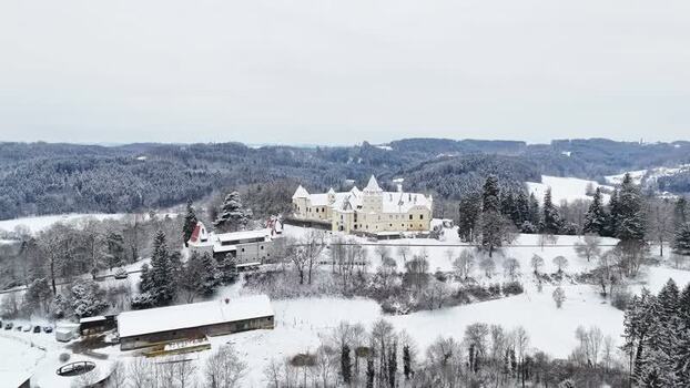 Aerial view of Schloss Kornberg in winter Austria. Aerial view of Schloss Kornberg in winter Austria.