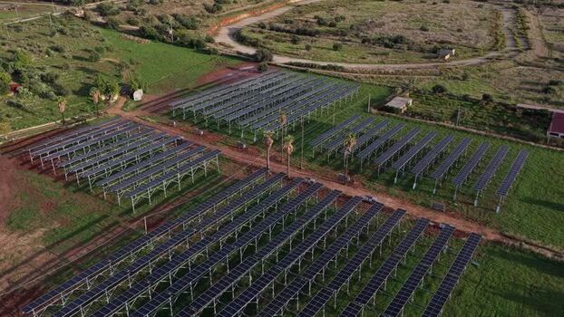 Aerial view of solar farm in Terrasini Italy.