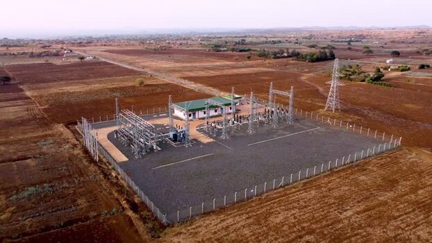 Aerial view of power substation in rural Loitokitok Kenya.
