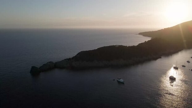 Aerial View of Lacona bay at sunset Elba Island Tuscany Italy.