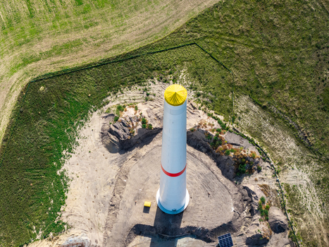Aerial view of the wind turbine tower at Windpark Forst Briesnig II situated on recultivated land of the former Janschwalde open pit mine in Forst Brandenburg Germany. Aerial view of the wind turbine tower at Windpark Forst Briesnig II situated on recultivated land of the former Janschwalde open pit mine in Forst Brandenburg Germany.