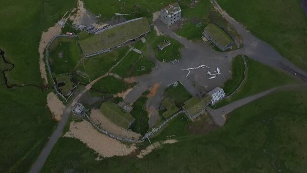 Aerial view of the Viking village film set in Stokksnes Iceland.