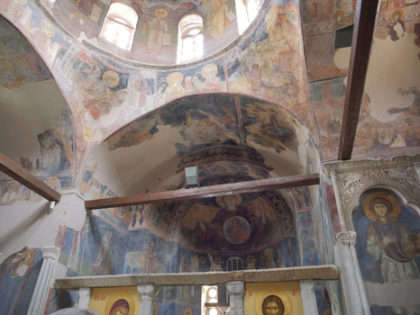 View of the interior of the Monastery of Saint Panteleimon featuring intricate Byzantine frescoes and religious iconography on the vaulted ceilings and walls in Gorno Nerezi Greater Skopje North Macedonia.