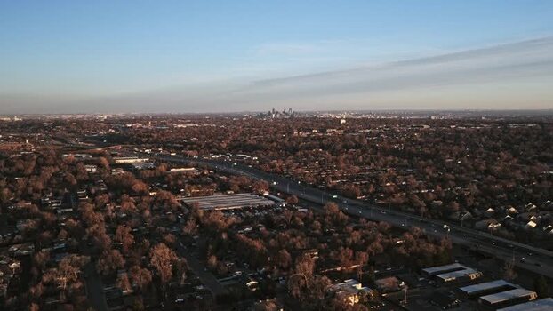 Aerial view of Denver skyline at sunset United States.