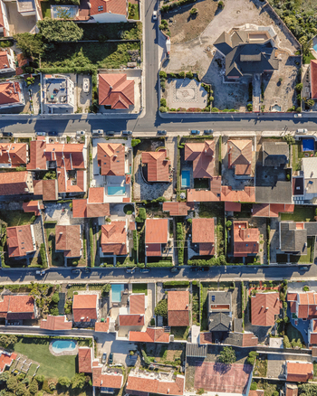 Aerial view of red rooftop in Praia das Macas residential district Colares Portugal.