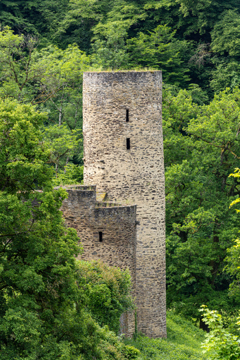 View of Eltz Castle tower with ancient stone walls and narrow windows nestled in a lush green forest Wierschem Rhineland Palatinate Germany.