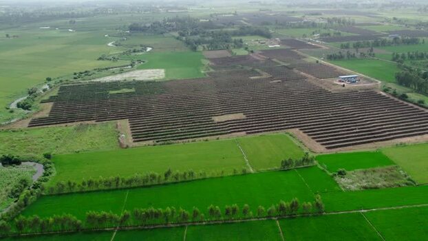 Aerial view of solar farm in rural Patna India.
