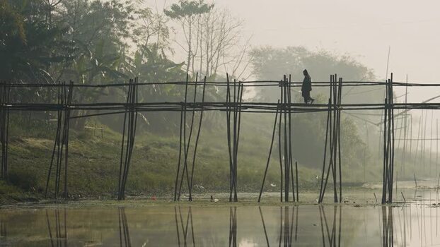 View of a person walking on a bamboo bridge in Bogura Bangladesh. View of a person walking on a bamboo bridge in Bogura Bangladesh.