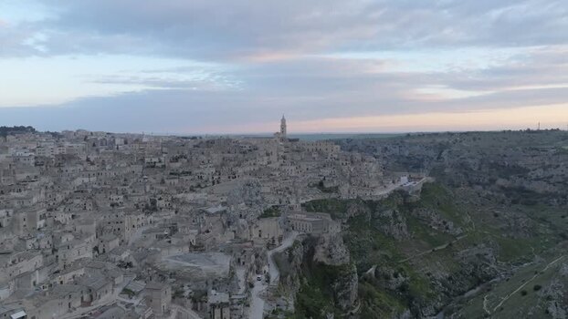 Aerial view of Sassi di Matera historic stone city Italy.