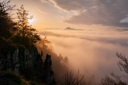 Aerial view of Sip in Mala Fatra mountain range rising above a sea of clouds at sunrise with golden light illuminating the rocky cliffs and forest in Stankovany Zilina Region Slovakia. Aerial view of Sip in Mala Fatra mountain range rising above a sea of clouds at sunrise with golden light illuminating the rocky cliffs and forest in Stankovany Zilina Region Slovakia.