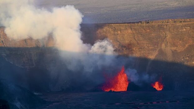 View of a volcanic eruption in a caldera United States.