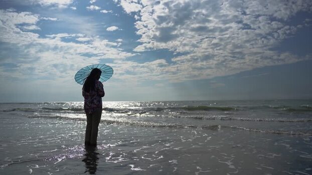 View of a woman with an umbrella at Cox s Bazar Bangladesh.