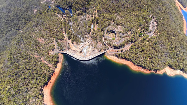 Worsley Australia 05 January 2026 Aerial view of Wellington Dam surrounded by dense eucalyptus forest and rugged terrain in Western Australia. Worsley Australia 05 January 2026 Aerial view of Wellington Dam surrounded by dense eucalyptus forest and rugged terrain in Western Australia.