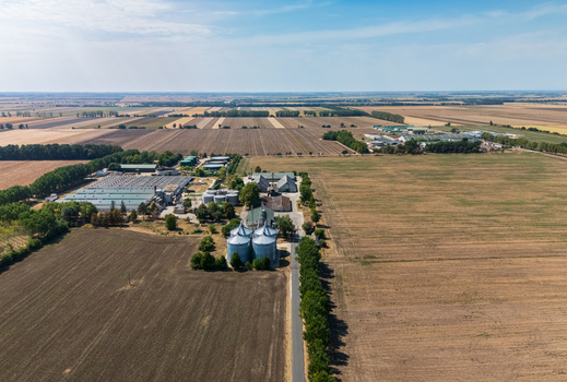 Aerial view of biogas and crop plant at cattle farm in Hungary with silos Aerial view of biogas and crop plant at cattle farm in Hungary with silos