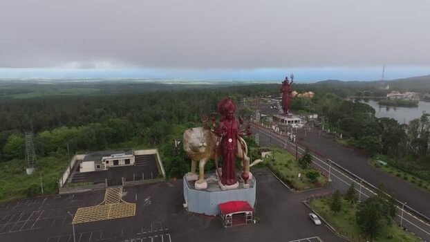 Aerial view of Grand Bassin and statues in Mauritius.
