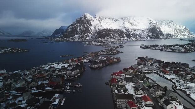 Aerial view of Henningsv&aelig;r village Norway.