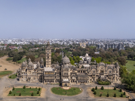 Vadodara India 14 March 2026 Aerial view of Laxmi Vilas Palace with its intricate Indo Saracenic architecture domes and tall tower under a clear sky in Vadodara Gujarat India. Vadodara India 14 March 2026 Aerial view of Laxmi Vilas Palace with its intricate Indo Saracenic architecture domes and tall tower under a clear sky in Vadodara Gujarat India.