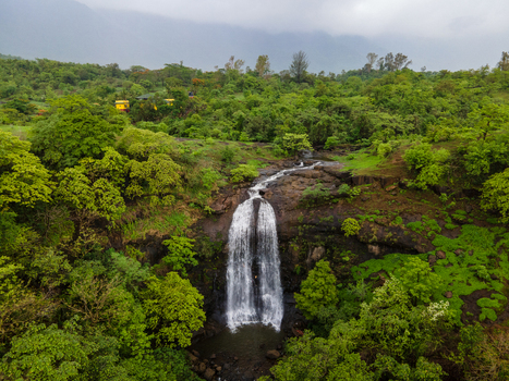 Aerial view of a waterfall cascading through the lush green forests of the Sahyadri Mountains in Pune Maharashtra India. Aerial view of a waterfall cascading through the lush green forests of the Sahyadri Mountains in Pune Maharashtra India.