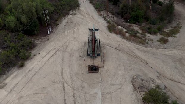 Aerial view of oil pump jack in Baldwin Hills United States.