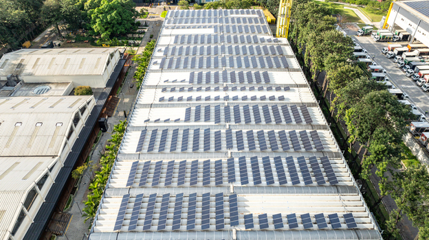 Aerial view of the solar panel array on the roof of the Mercado Livre headquarters in Osasco State of Sao Paulo Brazil.