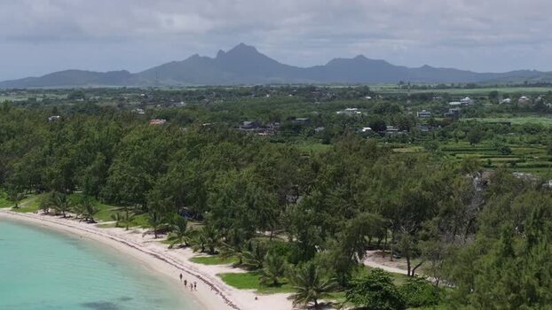 Aerial view of Belle Mare Beach with lush trees Mauritius.