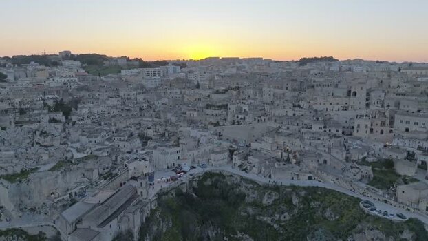 Aerial view of Matera at sunset Italy.